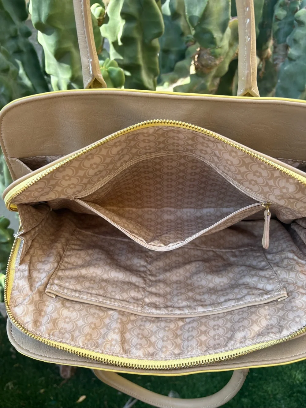 Yellow Tote Handbag with Beige Handles